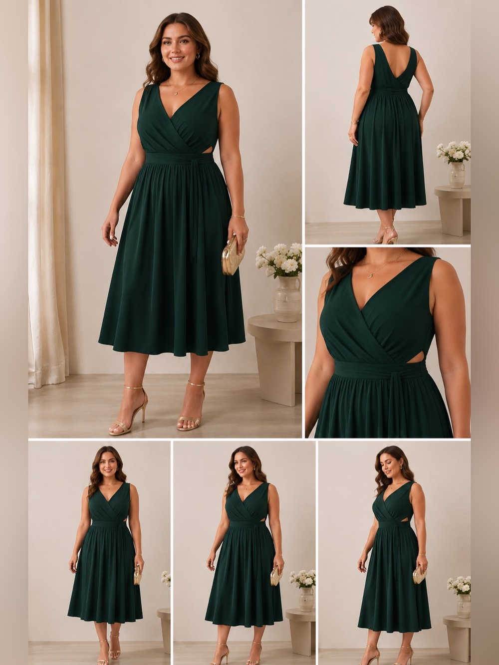 LOFT Forest Green Faux Wrap Midi Dress Sleeveless Cutout Waist Large